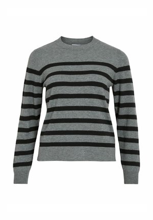 Grauer Pullover mit schwarzen horizontalen Streifen, Rundhalsausschnitt, langen Ärmeln und gerippten Bündchen. Hergestellt aus einem weichen, strukturierten Strickstoff.