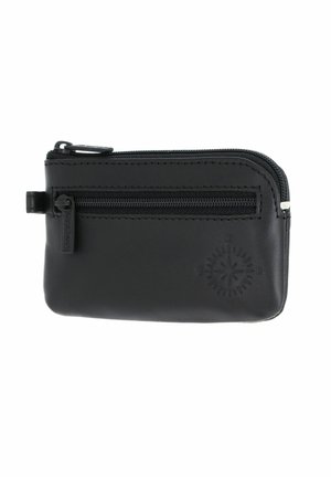 Small black leather zip pouch with two zipper compartments and a compass design embossed on the lower right corner.