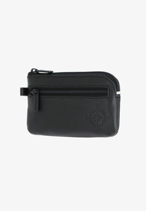 Small black leather zip pouch with two zipper compartments and a compass design embossed on the lower right corner.
