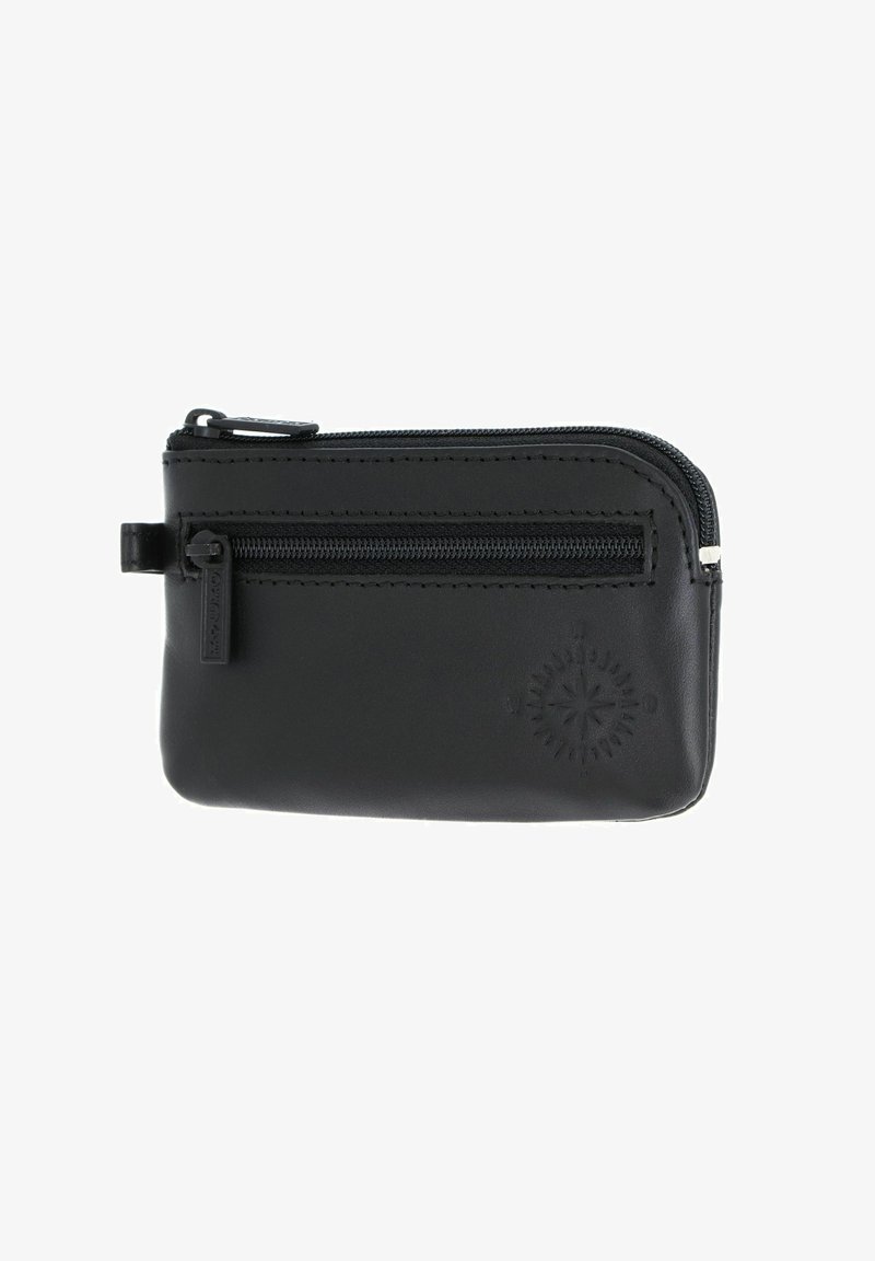 Petite pochette zippée en cuir noir avec deux compartiments à fermeture éclair et un motif de boussole embossé dans le coin inférieur droit.