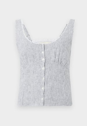 Λευκή και γκρίζα κάθετη ριγέ αμάνικη μπλούζα με κουμπιά, με φαρδιές τιράντες και εφαρμοστό στήθος, απεικονιζόμενη σε απλό φόντο.