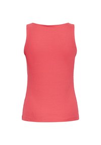 Débardeur côtelé rose corail sans manches avec un col rond vu de dos.