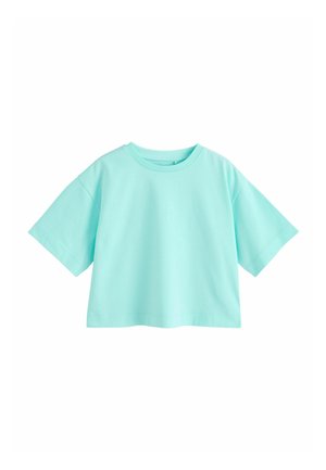 T-shirt court bleu clair avec manches courtes et col rond sur fond blanc.