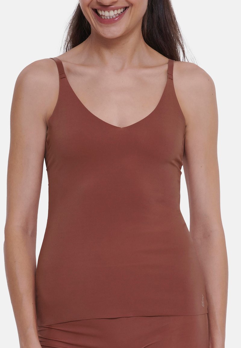 Brown sleeveless camisole with a V-neck design, smooth texture, adjustable straps, and a fitted silhouette.