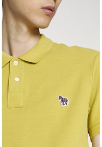 Gros plan d'une personne portant un polo vert clair avec deux boutons blancs et un petit écusson zèbre coloré sur la poitrine.
