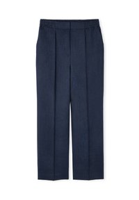 Pantalons en lin bleu marine avec une taille élastique, dotés de deux plis avant et d'une coupe droite. Texture lisse, coupe décontractée.