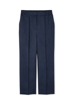 Navyblauwe linnen broek met een elastische tailleband, voorzien van twee plooien aan de voorkant en een rechte pijpuitvoering. Soepele textuur, relaxte pasvorm.