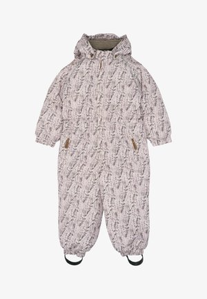 Combinaison d'hiver rembourrée en rose clair avec un motif floral. Dotée d'une capuche, de poignets élastiques et de sangles pour les pieds pour un maintien sécurisé. Fermeture éclair sur le devant.