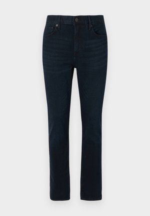 Dunkelblaue Jeans mit geradem Bein, mittelhoher Taille, fünf Taschen-Design und klassischem Metallknopfverschluss.