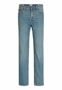 Jean droit en denim bleu clair avec cinq poches, fermeture par bouton et passants de ceinture, présenté de face sur fond blanc.