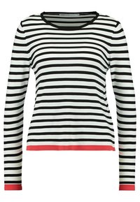Gestreepte langemouwshirt in zwart en wit met een koraalkleurige zoom. Heeft een ronde hals en een getailleerd silhouet. Zachte stof met een gladde textuur.