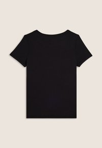 T-shirt nera a maniche corte con scollatura rotonda, realizzata in tessuto morbido, caratterizzata da una trama semplice e liscia e orlo dritto.