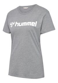 Grå bomulds t-shirt med korte ærmer, rund halsudskæring og et hvidt "hummel" logo trykt over fronten. Blød tekstur, afslappet design.