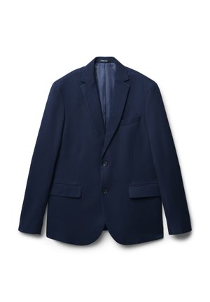 Marineblauer Blazer aus strukturiertem Stoff, mit Reverskragen, zwei Knöpfen und Seitentaschen. Verfügt über eine einzelne Brusttasche mit glatter Fütterung.
