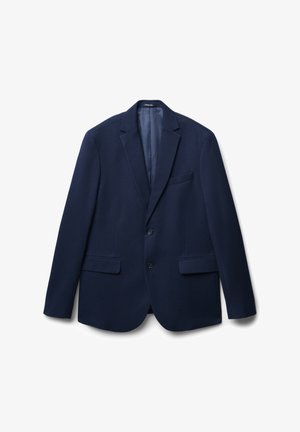 Marineblauer Blazer aus strukturiertem Stoff, mit Reverskragen, zwei Knöpfen und Seitentaschen. Verfügt über eine einzelne Brusttasche mit glatter Fütterung.