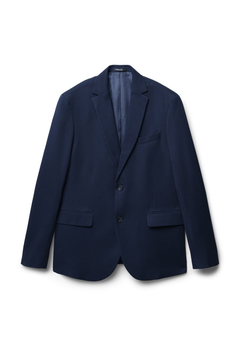 Blazer blu navy in tessuto texture, con rever a punta, due bottoni e tasche laterali. Presenta una tasca sul petto con foderatura liscia.
