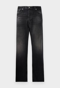 Czarne jeansy z denimu o prostych nogawkach, wyposażone w pięć kieszeni, metalowe okucia oraz wykończenie z efektem blaknięcia. Gładka tekstura i klasyczne przeszycia.