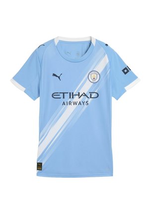 Lichtblauw voetbalshirt met witte accenten, met een diagonaal streepenpatroon. Toon "ETIHAD AIRWAYS" en het clublogo. Gemaakt van synthetische stof.