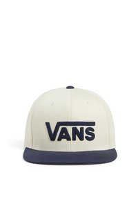 Czapka Vans z kremowym panelem górnym, granatowym daszkiem i haftowanym logo z przodu. Wykonana z materiału bawełnianego, ma strukturalny design i otwory wentylacyjne.