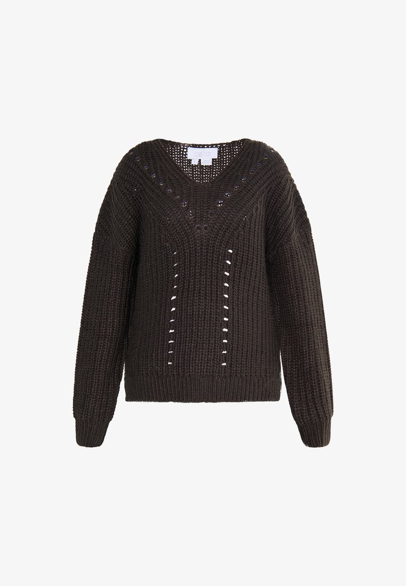 Pull en maille brun foncé avec un col en V, présentant un détail en broderie le long de l'encolure et des lignes verticales sur le corps et les manches.
