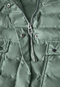 Grön isolerad jacka med en slät, glänsande yta, utrustad med dragkedja, tryckknappar och två framfickor.