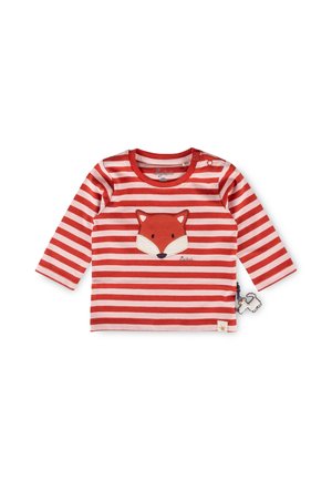 T-shirt à manches longues pour tout-petit avec des rayures horizontales rouges et rose clair et une application visage de renard sur la poitrine, avec des boutons-pression aux épaules et une étiquette latérale.