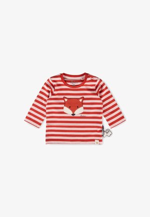 Maglietta a maniche lunghe per bambino con righe orizzontali rosse e rosa chiaro e applicazione del volto di una volpe sul petto, con bottoni a pressione sulle spalle e etichetta laterale.