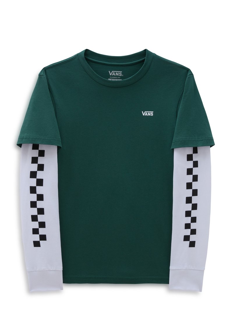 Groene t-shirt met korte mouwen met witte lange mouwen; zwart geruite patroon langs de armen. Bevat een klein wit Vans-logo op de borst.