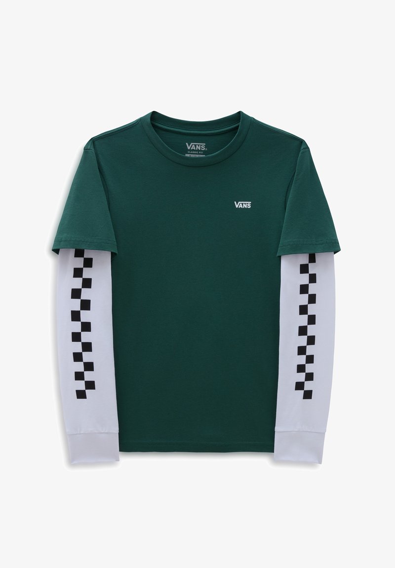 Vihreä lyhythihainen t-paita, jossa valkoiset pitkät hihat; musta ruudullinen kuvio käsivarsilla. Rinnassa pieni valkoinen Vans-logo.