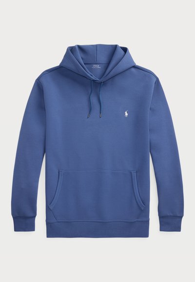 Modra kapuca iz mešanice bombaža, ki ima kenguru žep, rebraste manšete in vezeno logo na prsih. Nastavljiv kapuco z vrvico.