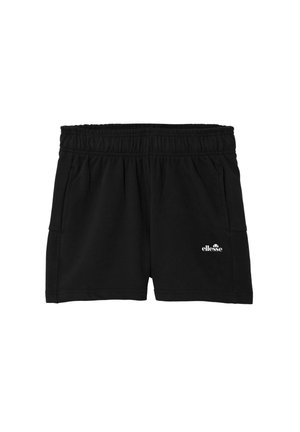 Pantalones cortos casuales negros con cintura elástica, bolsillos laterales y un pequeño logo blanco de "ellesse" en la parte frontal de la pierna derecha.