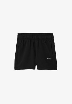 Pantalones cortos casuales negros con cintura elástica, bolsillos laterales y un pequeño logo blanco de "ellesse" en la parte frontal de la pierna derecha.