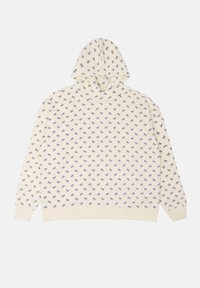 Sudadera con capucha en color crema con un patrón de lazo púrpura repetido. Presenta puños y dobladillo de canalé, tela suave y un ajuste relajado.