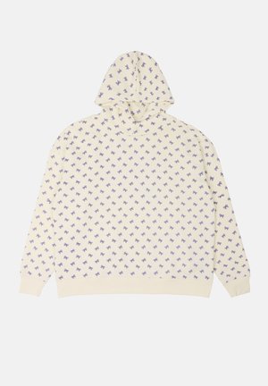 Sweatshirt com capuz em creme com um padrão repetido de laços roxos. Apresenta punhos e barra canelados, tecido suave e um corte descontraído.