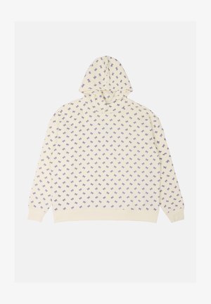 Hettegenser i kremfarge med et gjentakende lilla sløyfemønster. Har ribbet mansjetter og nederkant, myk tekstur og en avslappet passform.