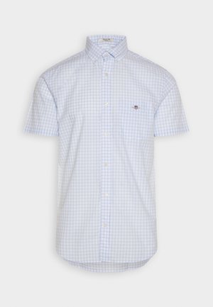 Short-sleeve button-up shirt in light blue and white gingham check pattern, featuring a chest pocket and a collar. Cotton fabric.