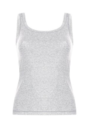 Gray tank top with a smooth, stretchy fabric. Scoop neckline and wide straps. Fitted design with a straight hem. Minimalist style, no patterns.