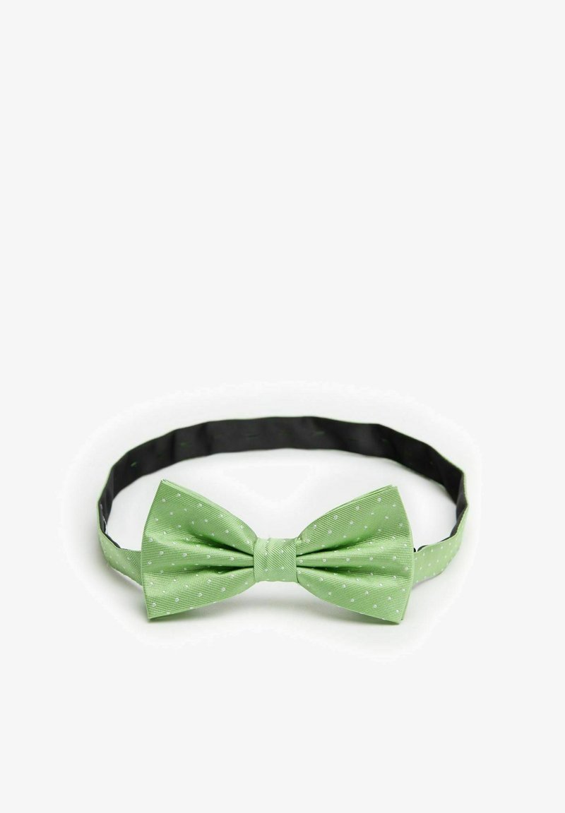 Ljusgrön fluga med vita prickar, tillverkad av texturerad tyg, med ett fast svart justerbart band för anpassning.