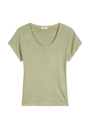 Hellgrünes T-Shirt mit kurzen Ärmeln, aus weichem Stoff, mit runder Ausschnittform und lockerer Passform. Verfügt über ein schlichtes Design und minimale Nähdetails.