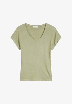 T-shirt vert clair à manches courtes en tissu doux avec un col rond et une coupe décontractée. Présente un design simple et des détails de couture minimalistes.