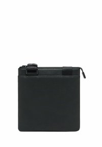 Borsa in pelle nera di forma rettangolare, con superficie liscia, chiusura con zip superiore e una tracolla laterale per un facile trasporto.
