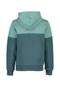 Felpa con cappuccio in teal e verde scuro, caratterizzata da un design color-block, una texture morbida e polsini e orlo a coste.