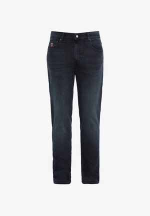Dark blue denim jeans with a straight fit, five pockets, front button closure, and a small logo patch on the front pocket.