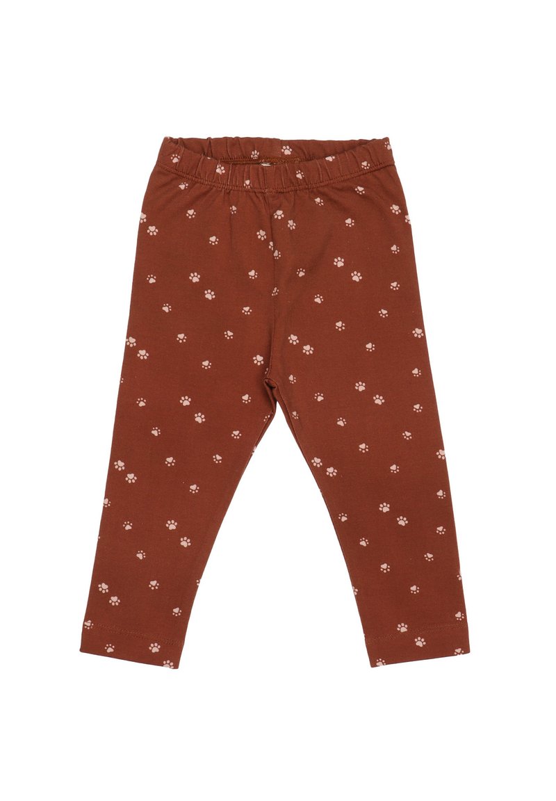 Brown leggings made of soft cotton with a stretchy waistband, featuring a repeated small white paw print pattern throughout.