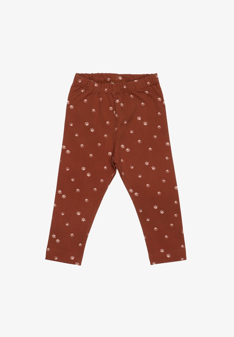 Brown leggings made of soft cotton with a stretchy waistband, featuring a repeated small white paw print pattern throughout.