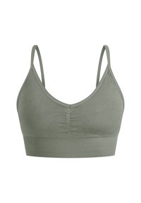 Olijfgroene bralette met verstelbare bandjes, zachte stof en een geribde band. Heeft een gathered design aan de voorzijde.