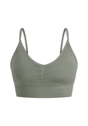 Oliwkowy biustonosz braletka z regulowanymi ramiączkami, miękka tkanina i prążkowany pas. Posiada marszczony detal z przodu.