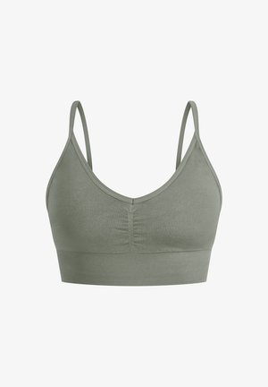 Bralette verde oliva con spalline regolabili, tessuto morbido e fascia a coste. Presenta un design arricciato al centro davanti.