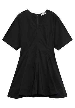 Black short-sleeve A-line dress with V-neck, front zipper, and subtle Calvin Klein logo on chest, label inside neckline.