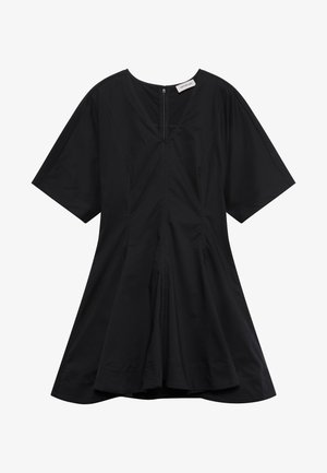 Schwarzes, kurzärmeliges A-Linien-Kleid mit V-Ausschnitt, Reißverschluss vorne und dezentem Calvin Klein Logo auf der Brust, Etikett innen am Halsausschnitt.